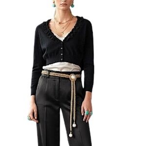 Nicole Benisti cropped black chiffon ruffle neck fitted cardigan sweater M
